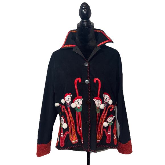 Vintage Christmas Life Style Sz S Black Corduroy Kitty Cat Applique Shacket - Picture 1 of 11